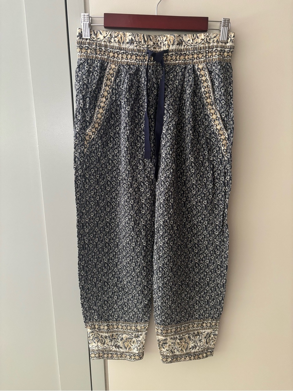 Sea New York Silk Navy Printed Boho Drawstring Cropped Pants